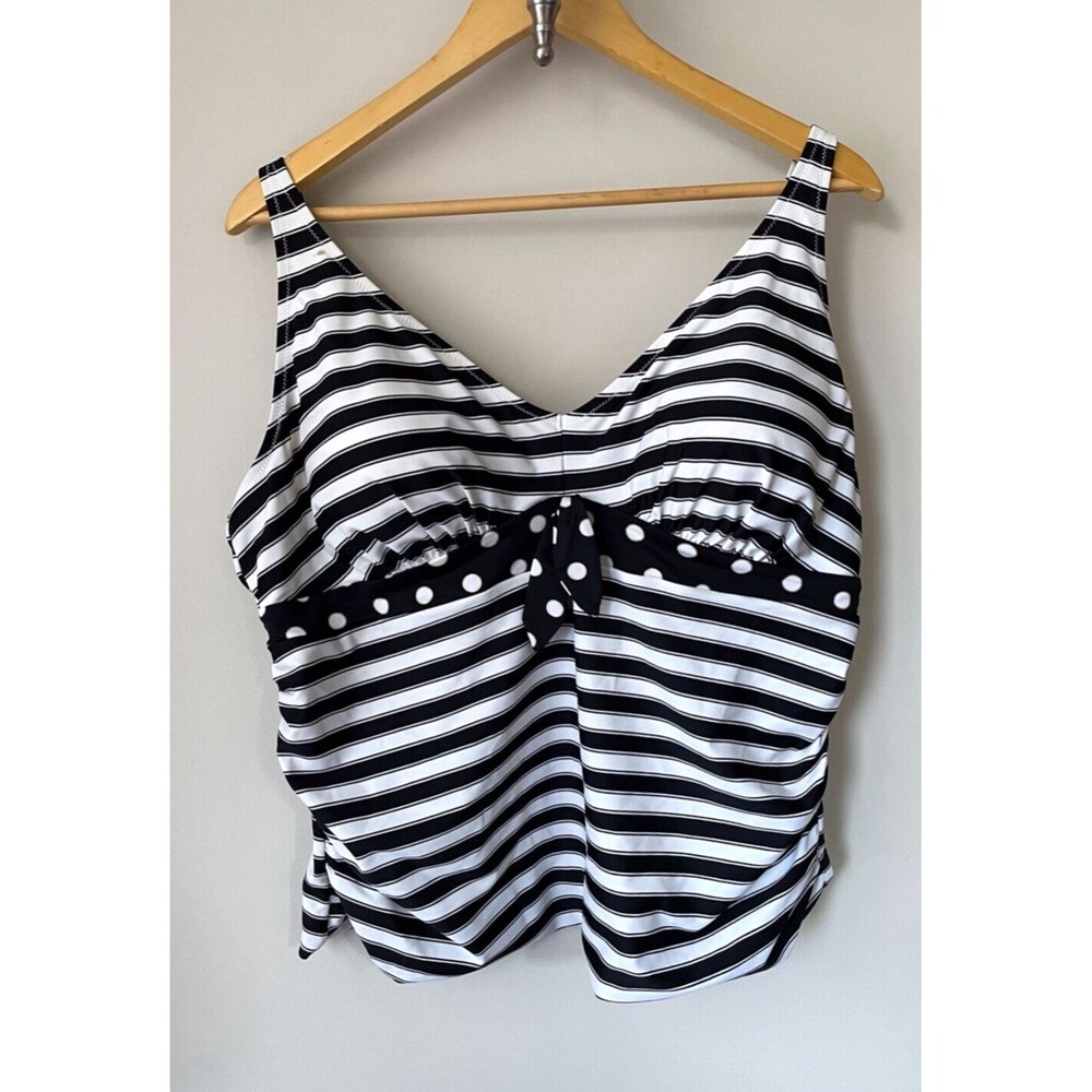 Women's Tankini Top Size 18 Shore Club Tie Front Black & White Stripes Polka Dot